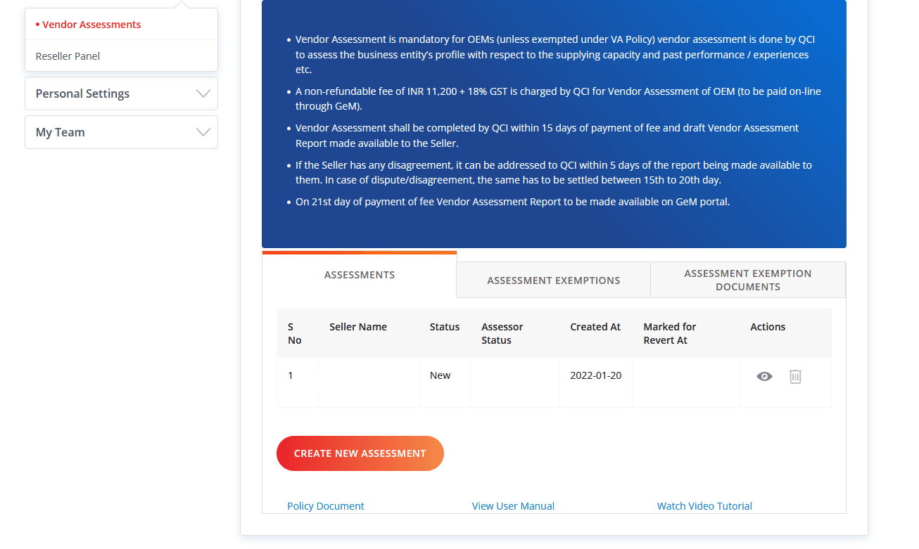 Vendor assessment request